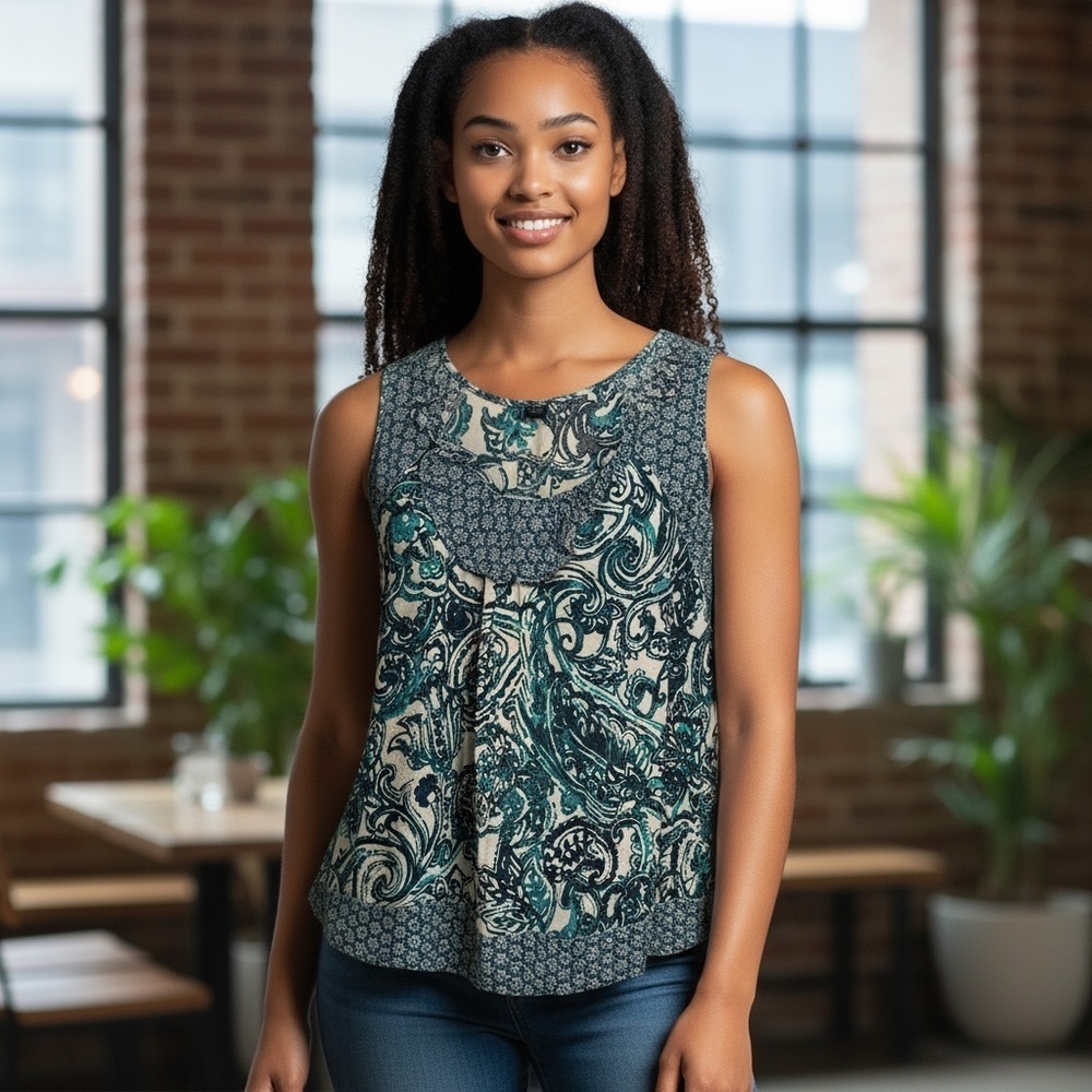 Tommy Hilfiger Blue and Green Patterned Women's Blouse. Size XL.